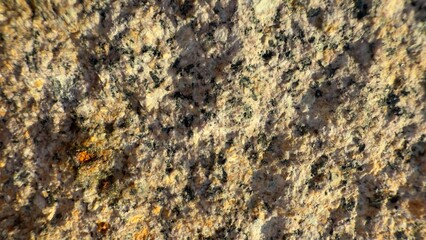 Close-up of natural granite rock surface with coarse-grained texture and speckled mineral pattern in shades of gray, white, black, and orange-brown under directional light
