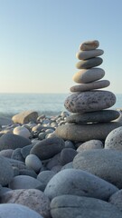 Balanced stack of smooth stones on a pebble beach with ocean waves and sailboat in the background under a clear sky at sunset