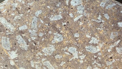 Detail of natural porphyry rock with coarse-grained texture speckled with large angular phenocrysts of feldspar in gray and white, set in a fine-grained matrix of earthy brown and beige
