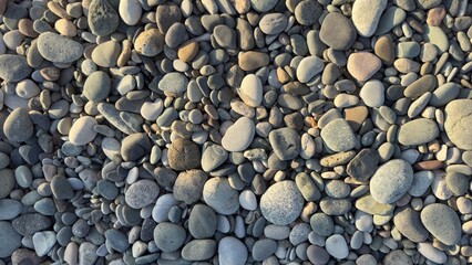 Natural assortment of smooth rounded pebbles and stones in various colors and textures, shaped by water erosion and weathering over time
