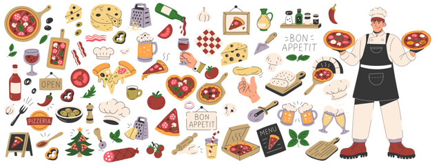 Italian pizza chef with colorful food elements and ingredients for cafe poster and menu design