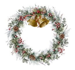 Watercolor Christmas wreath with red berries, eucalyptus, fir branches , herbs and jingle bells. Christmas decor. Digital illustration.	