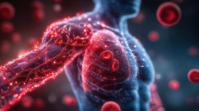 3D visualization of human circulatory system showcasing veins, arteries, and red blood cells during a dynamic blood flow simulation Generative AI