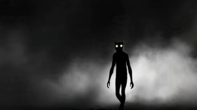 Mysterious Dark Silhouette with Glowing Eyes Standing in Atmospheric Fog Eerie Horror Scene with Supernatural Entity Creepy Minimalist Fantasy Concept Art

