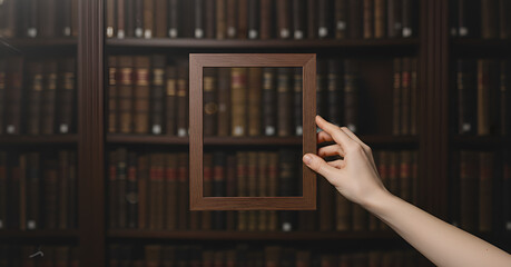 Female hand holding an empty wooden picture frame against a blurred old library.