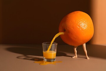 Anthropomorphic Orange Pouring Juice into Glass
