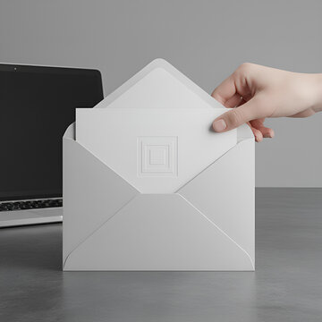 Minimalist mockup of a hand inserting a white embossed card into a large envelope.