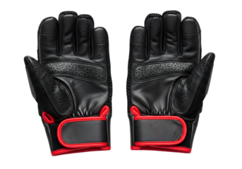 Pair of black leather sports gloves with red accents for protection and grip isolated on transparent background