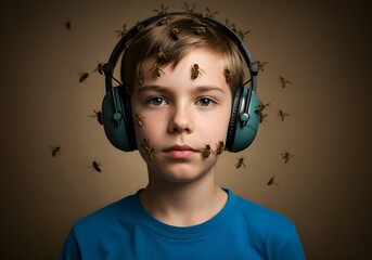 Autistic boy with noise canceling headphones surrounded by bees symbolizing sensory overload, hypersensitivity and neurodivergent perception in an expressive conceptual portrait