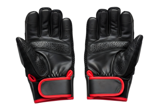 Pair of black leather sports gloves with red accents for protection and grip isolated on transparent background