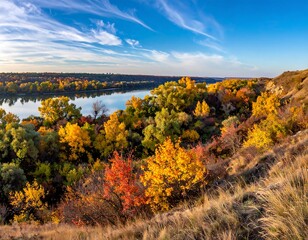 Obraz premium Serene landscape of a river winding through autumn-colored trees