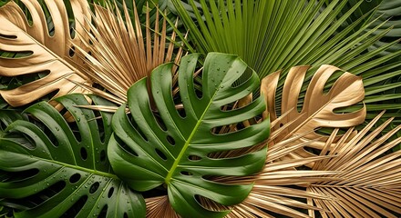 Vibrant green foliage mixes with metallic gold tropical plant leaves in a dense arrangement