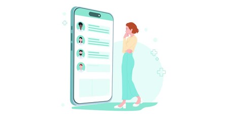 Medicine and healthcare. Moving banner with patient standing in front of smartphone, selecting doctor for online consultation. Telemedicine and remote therapist. Flat graphic animated cartoon