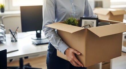 Employee carrying box of personal items, leaving office