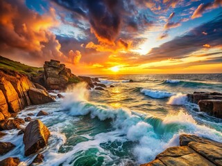 Obraz premium Dramatic Ocean Waves Crashing on Rocky Shore - Coastal Seascape Photography