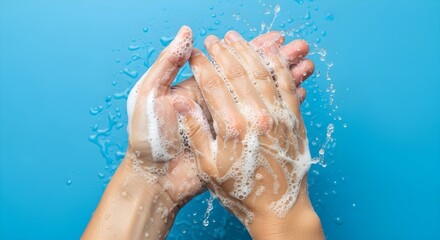 Fototapeta premium Overhead View of Hands Lathering with Soap and Water, Generating White Bubbles and Splashes Against a Solid, Vibrant Blue Background for Personal Hygiene and Germ Prevention