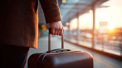 Traveling with a suitcase at sunset in an airport terminal Generative AI
