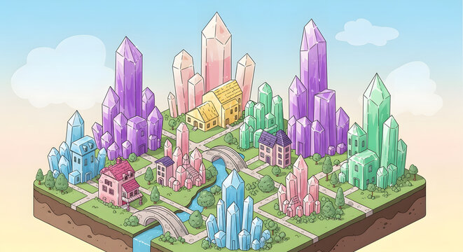 Isometric Crystal City Illustration Fantasy Building Town Architecture Cartoon Gemstone Village Design Urban Landscape Colorful River Bridge