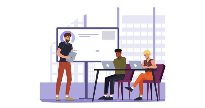 Business service. Moving banner with male entrepreneur speaking at business training session or discussing financial statistics with colleagues at meeting. Flat graphic animated cartoon