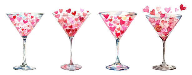 Obraz premium Watercolor set of martini glasses with hearts. Glass martini glasses filled with pink hearts. Romantic cocktails and drinks. Valentine's Day bar elements.