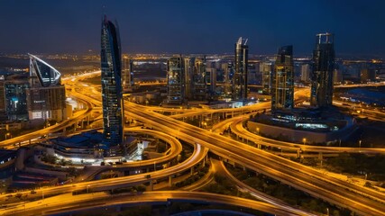 Dubai city skyline at night with modern skyscrapers and intricate highway interchanges showcasing urban development - Powered by Adobe