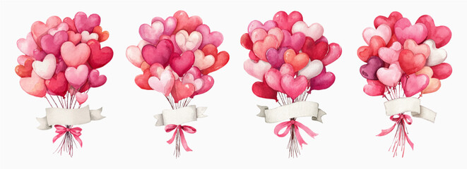Watercolor set of heart-shaped balloons with a plate for inscriptions. Bouquet of pink and red heart balloons with a white plate for inscriptions and greetings. Valentine's Day elements. © Narin