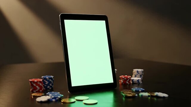 Tablet displayed vertically with colorful poker chips on dark surface in studio lighting