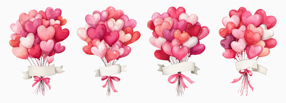 Watercolor set of heart-shaped balloons with a plate for inscriptions. Bouquet of pink and red heart balloons with a white plate for inscriptions and greetings. Valentine's Day elements.