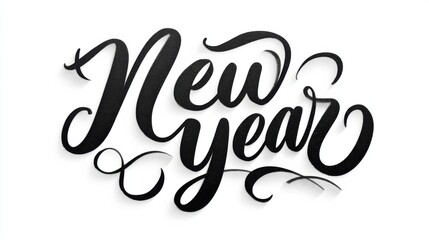 Fototapeta premium Elegant hand-lettered New Year typography with graceful calligraphy curves on white background ideal for holiday greeting cards, festive banners, and winter celebration designs 