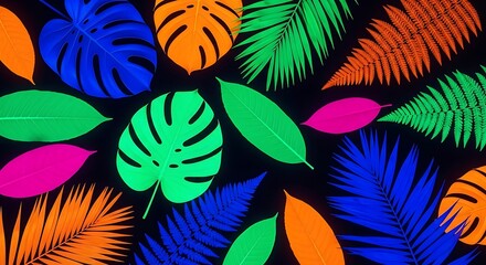 Assortment of vividly colored tropical foliage patterns against a dark backdrop