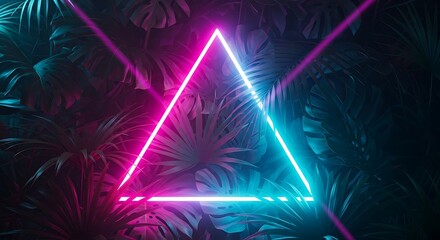 Glowing neon triangle illuminates dark tropical foliage with vibrant pink and cyan light