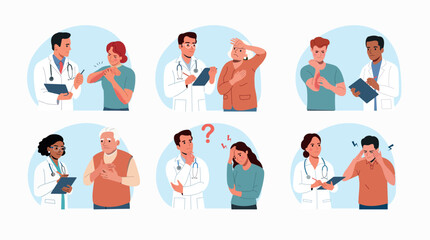 Set of illustrations showing a doctor talking to a patient to make a diagnosis.. Vector flat style cartoon illustration