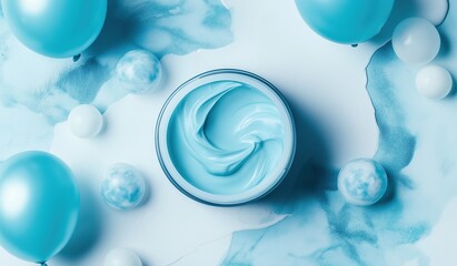 A jar of blue body cream surrounded by white balloons creating an atmosphere reminiscent of the sea on a light background