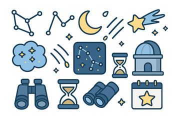 Astronomy and time symbols set featuring constellations, moon, binoculars, and observatory elements