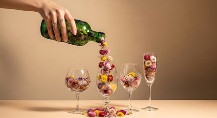 Human hand pours colorful dried blossoms from a decorative green bottle into various crystal drinking vessels
