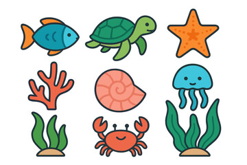 Obraz premium Colorful ocean animals and marine life set including fish, turtle, crab, and coral reef