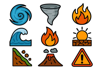 Set of natural disaster symbols showing extreme weather, geological hazards, and warning signs