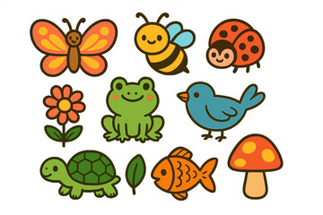 Happy cartoon woodland and garden animals collection with flowers and mushrooms