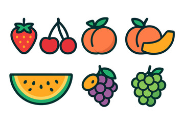 Vibrant set of fresh summer fruits and berries including strawberry cherry peach grapes and melon