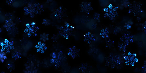 Numerous detailed snowflakes illuminated with a cold blue hue float and drift against a dark background, creating a dreamy, ethereal display of winter ambiance.