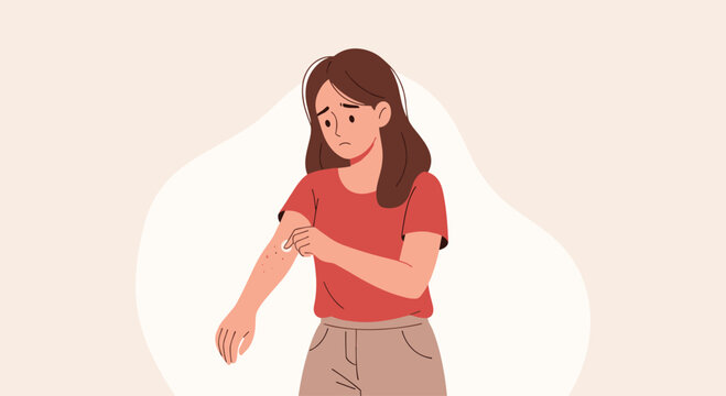 Sad young woman applying cream to itchy rash on her arm.