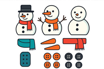 Cute winter holiday snowmen characters and essential building accessories collection