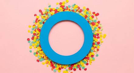 Brightly colored confetti surrounds a solid blue ring shape against a pale pink surface