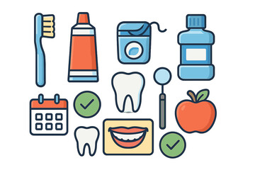 Dentistry tools and oral health routine symbols for healthy habits