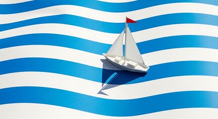 Miniature sailboat casts a shadow over stylized blue and white wavy water pattern