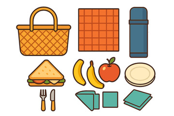 Picnic basket food and accessories set with sandwich fruit and thermos