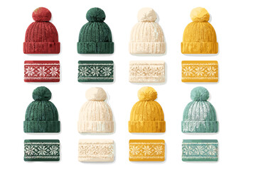 Ribbed knit winter hats in red green yellow and cream with decorative snowflake pattern swatches