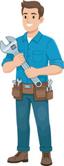 Cartoon man holding a wrench, wearing a tool belt, and smiling.
