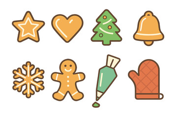 Naklejka premium Set of decorated Christmas cookies including gingerbread man, snowflake, bell, and baking tools