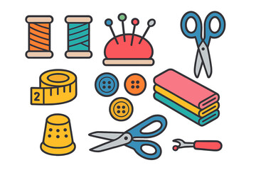 Colorful collection of essential sewing and tailoring equipment like thread spools, scissors, buttons, and measuring tape